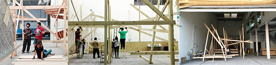 Taller Construcción colectiva en el proceso de construcción del mueble multifuncional que definió el espacio Ágora. Fuente: 1-2.CivicFactory; 3.Archivo Personal