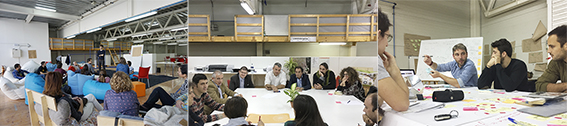 Mesas de trabajo y talleres en el espacio de la Escuela de Innovación cívica. Fuente: 1-2.Archivo personal; 3.Taller Made in Valencia