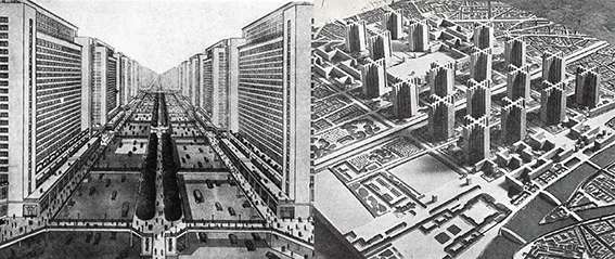Le Corbusier: Izqda. La Ville Radieuse, 1935. Dcha. Plan Voisin, 1925. Fuente: Fundación Le Corbusier.